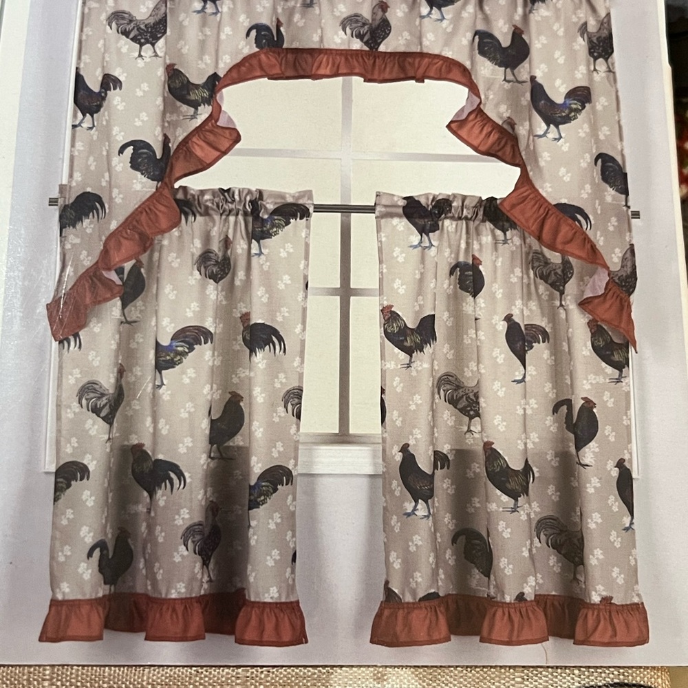 Kitchen Curtains Tier (28”x 36)& Swag (56”x38”)Set, ROOSTER by R Home NWT - Picture 3 of 5